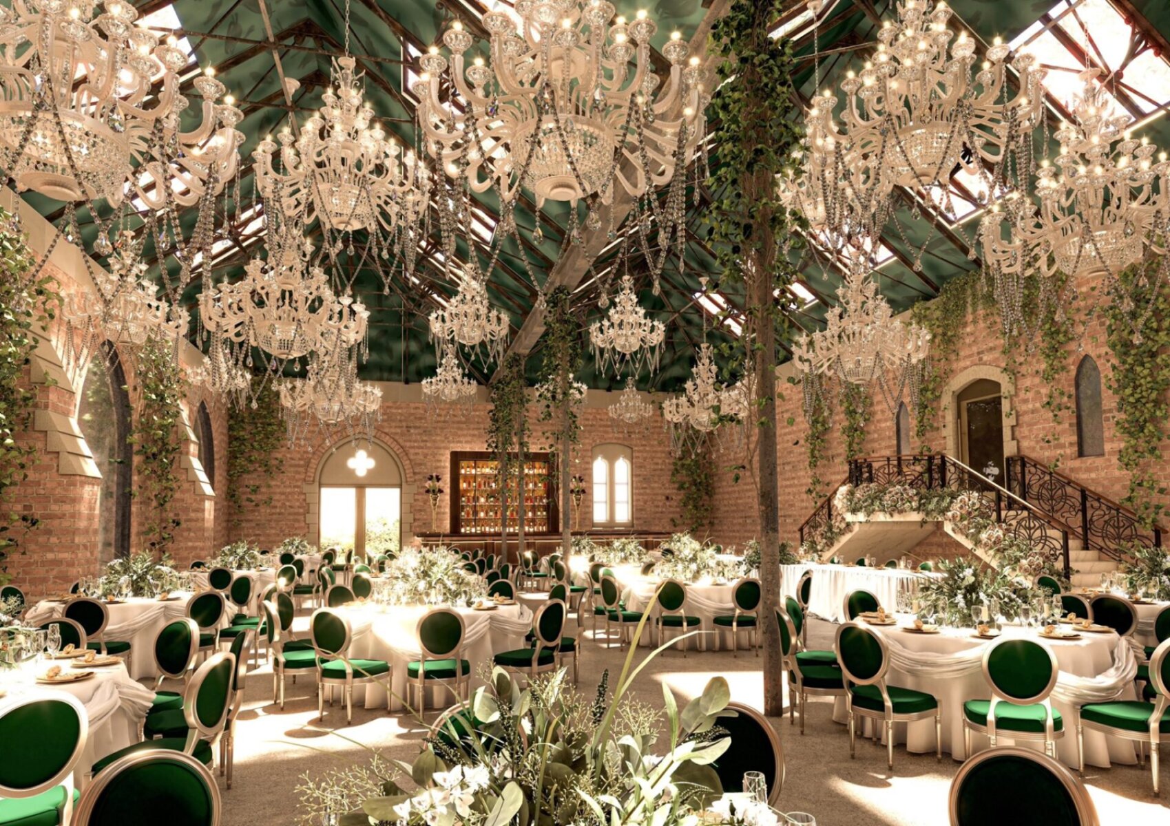 Elegant venue featuring a stunning interior with crystal chandeliers, lush greenery, and tasteful round tables for an enchanting wedding celebration.