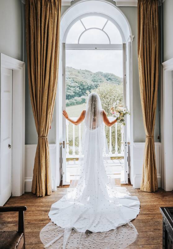A bride in a flowing wedding gown stands by an elegant window, overlooking lush greenery and bathed in soft natural light.